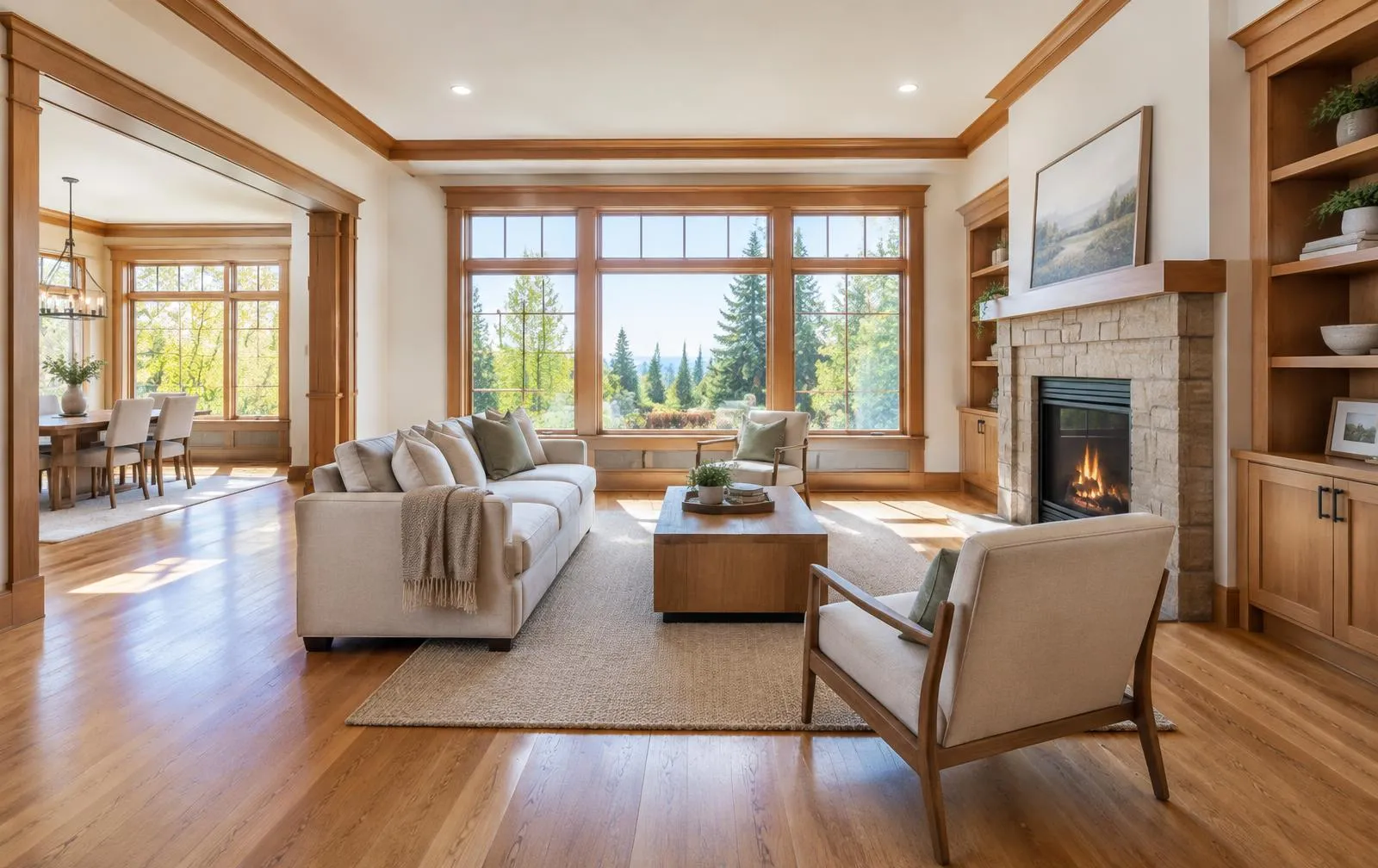 Living room with hardwood floors and wood trim around large windows