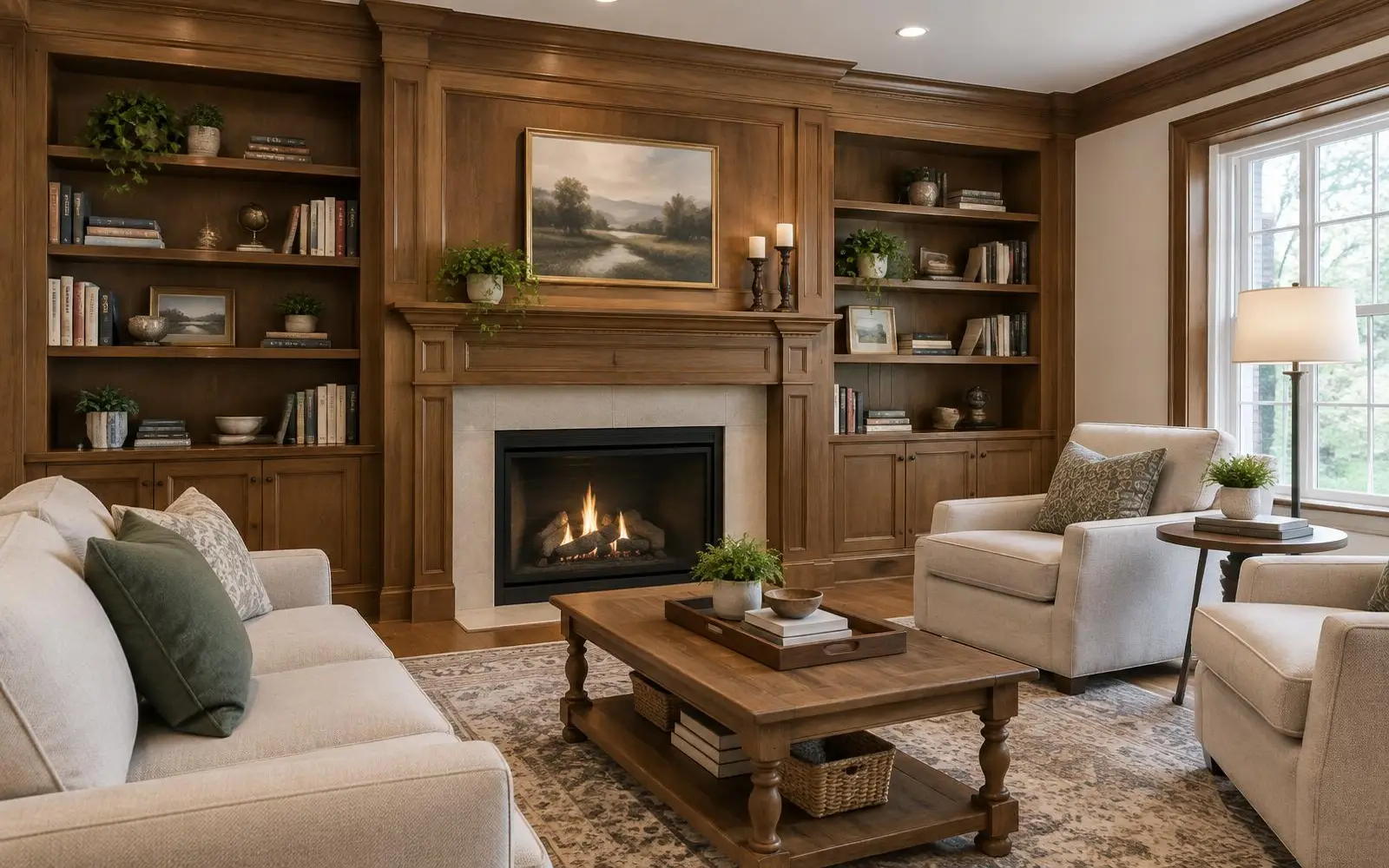 Living room with built-in wood bookshelves, a paneled fireplace surround and crown molding