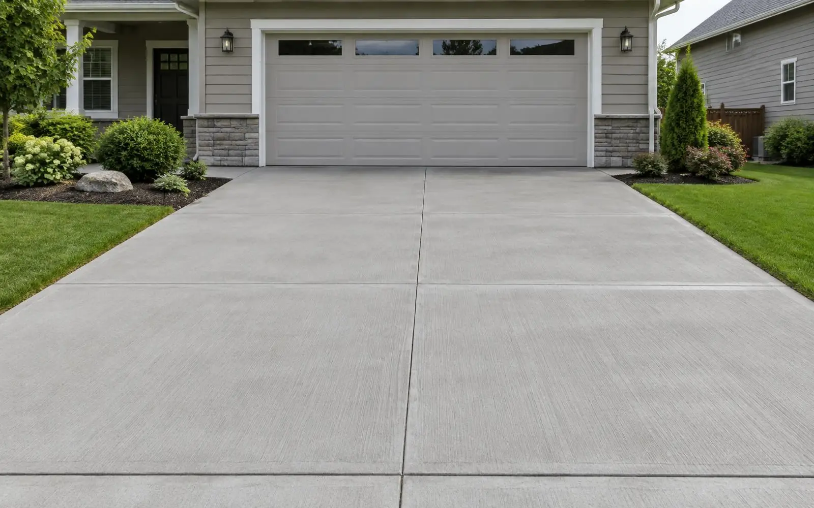 Broom-finished concrete driveway with control joints leading to a two-car garage