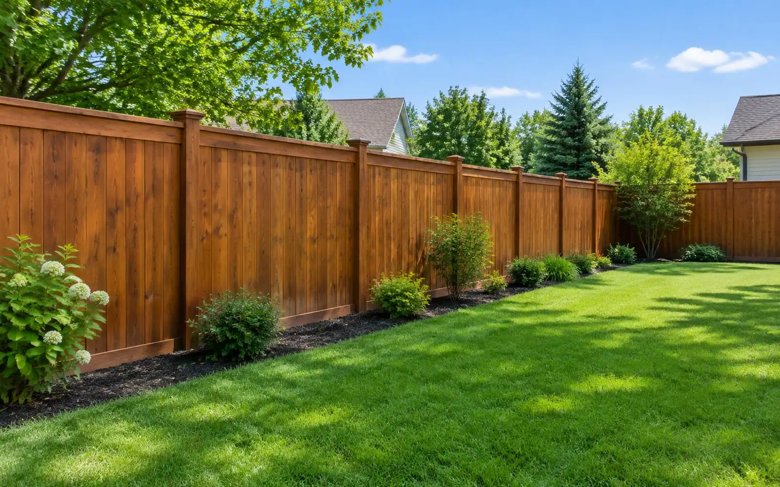 Stained cedar wood privacy fence running along a green backyard lawn