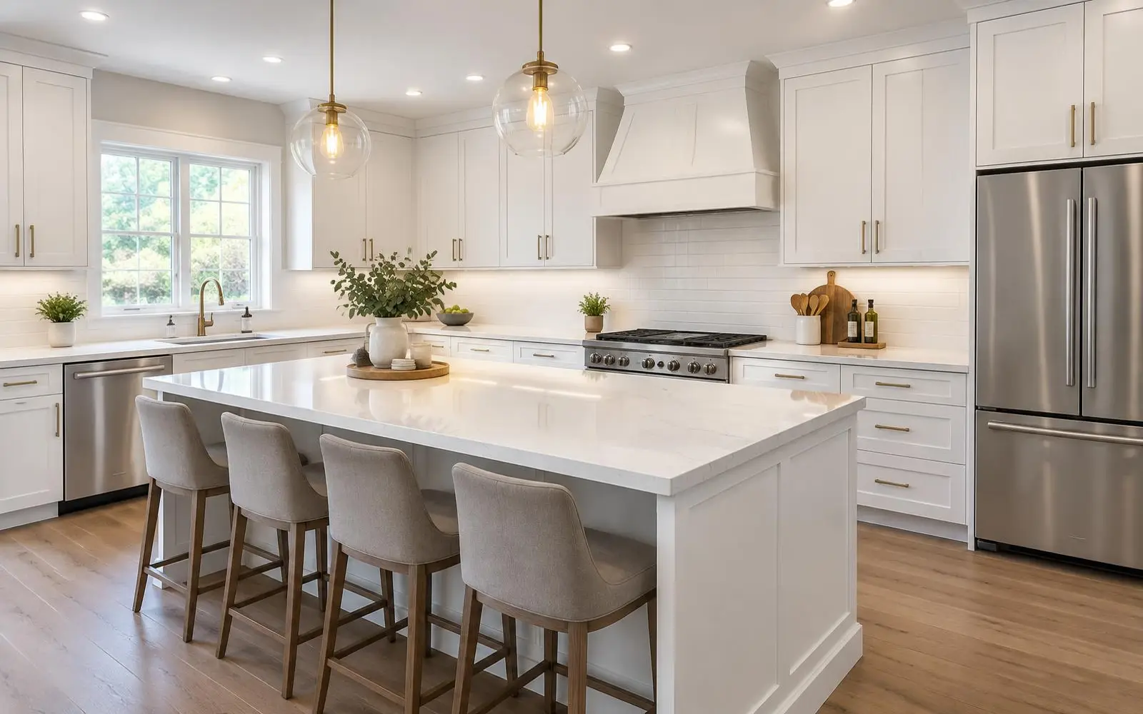 Remodeled kitchen with white shaker cabinets, a quartz island, pendant lights and wood floors