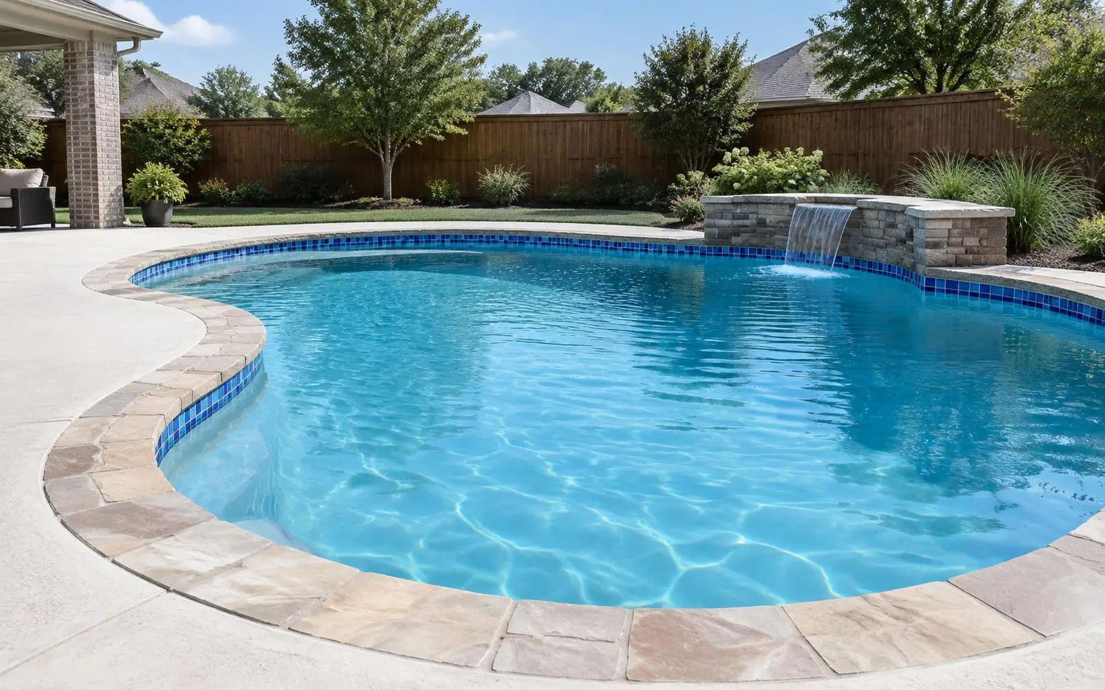 Backyard swimming pool with blue waterline tile, stone coping and a light concrete deck