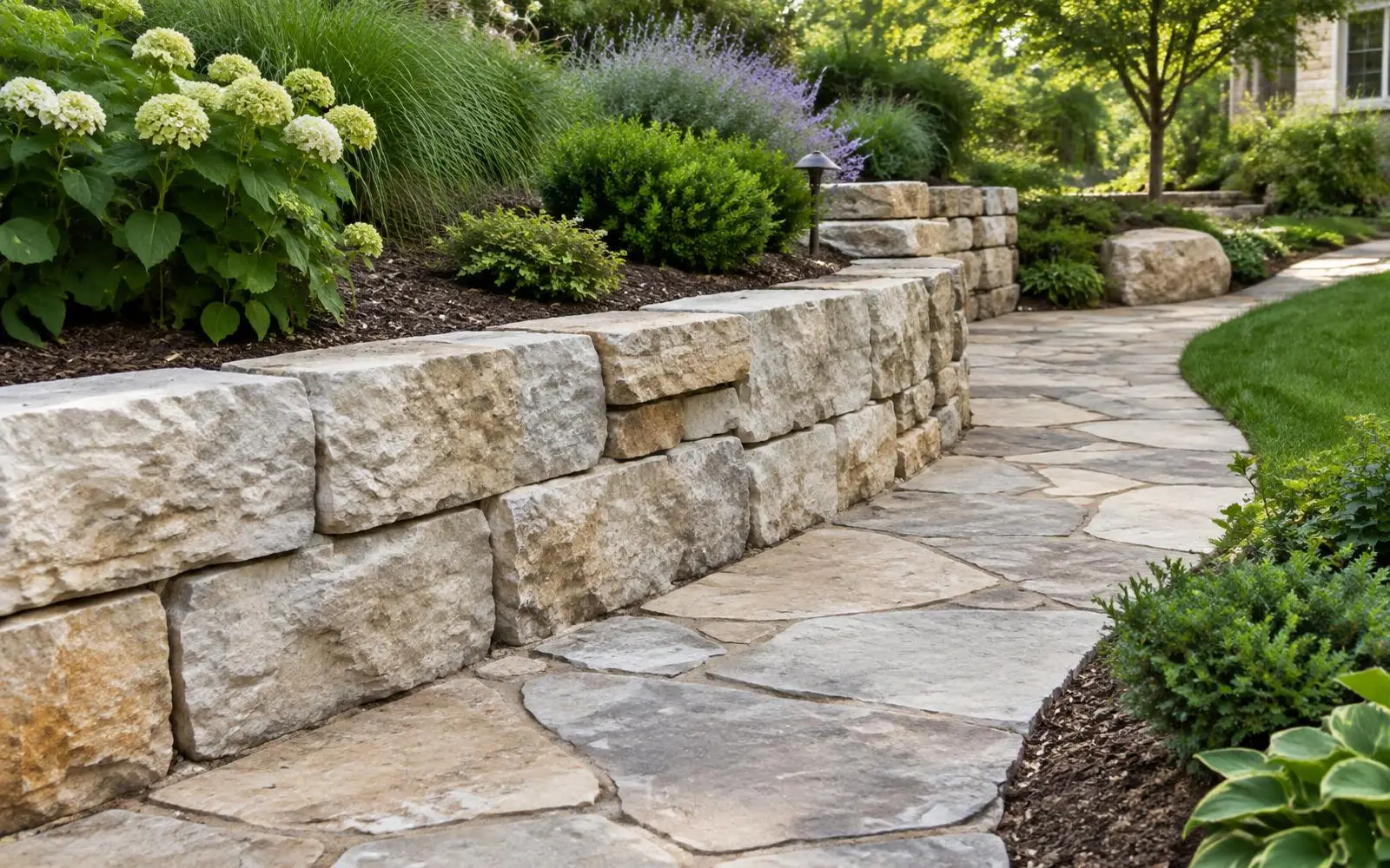 Natural limestone block retaining wall beside a flagstone path in a landscaped yard